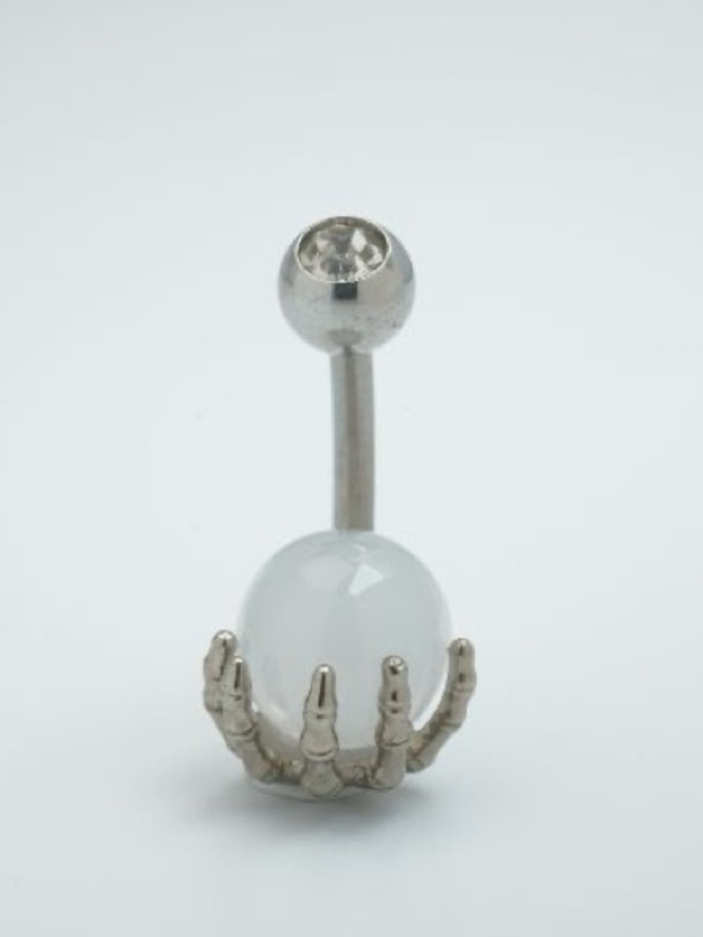 Silver Skeleton Hand White Gem Belly Ring